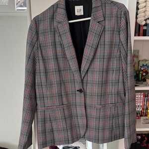 GAP Women's Vintage Black and Red Checkered Blazer